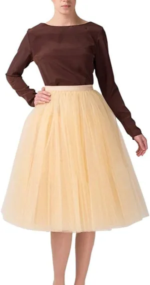 Women 5 Layers Tulle Skirt - Tea Length High Waist Bridal Midi Skirt Tutu forWedding Party Evening