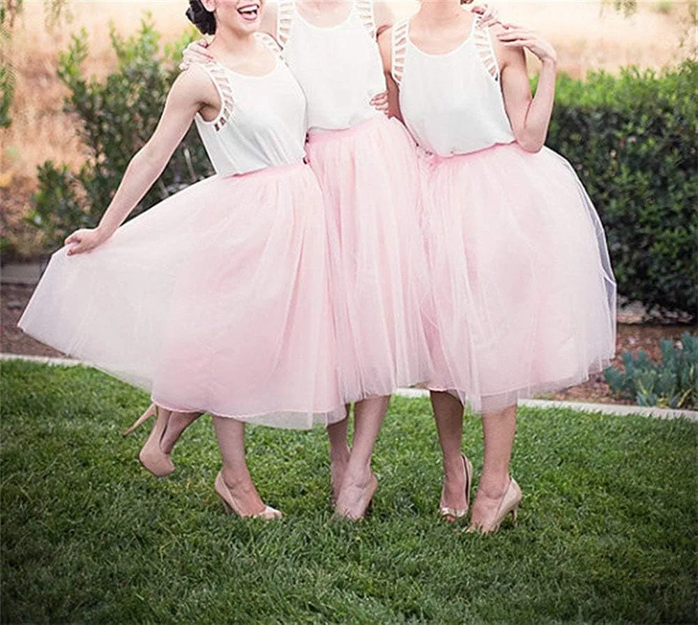 Women 5 Layers Tulle Skirt - Tea Length High Waist Bridal Midi Skirt Tutu forWedding Party Evening