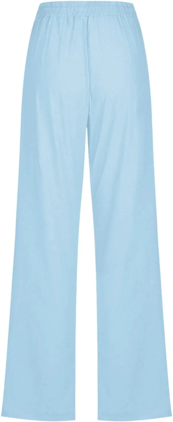 Women Casual Straight Leg Pants Lightweight Summer Relax Fit Elastic Waist Lounge Trousers Solid Color Outfits Comfy