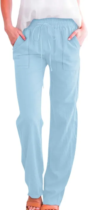 Women Casual Straight Leg Pants Lightweight Summer Relax Fit Elastic Waist Lounge Trousers Solid Color Outfits Comfy