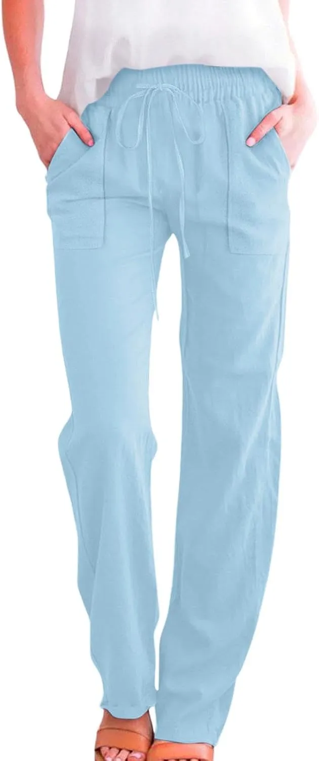Women Casual Straight Leg Pants Lightweight Summer Relax Fit Elastic Waist Lounge Trousers Solid Color Outfits Comfy