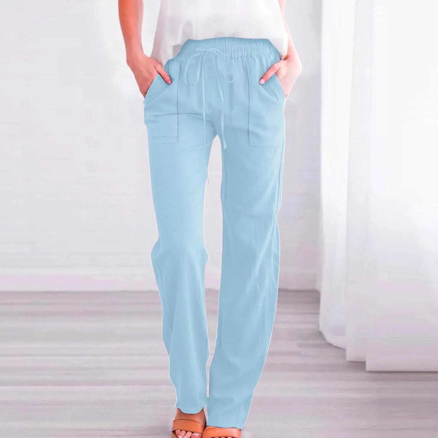 Women Casual Straight Leg Pants Lightweight Summer Relax Fit Elastic Waist Lounge Trousers Solid Color Outfits Comfy