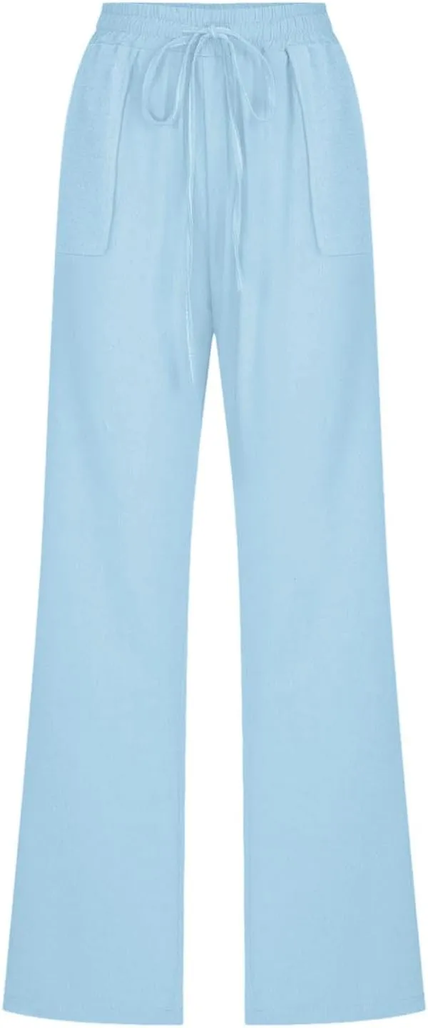 Women Casual Straight Leg Pants Lightweight Summer Relax Fit Elastic Waist Lounge Trousers Solid Color Outfits Comfy