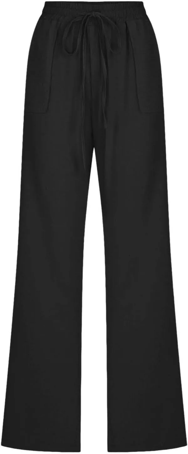 Women Cotton Linen Pants Casual Summer High Waist Drawstring Straight Leg Trousers Relax Fit Lightweight Sport Pants