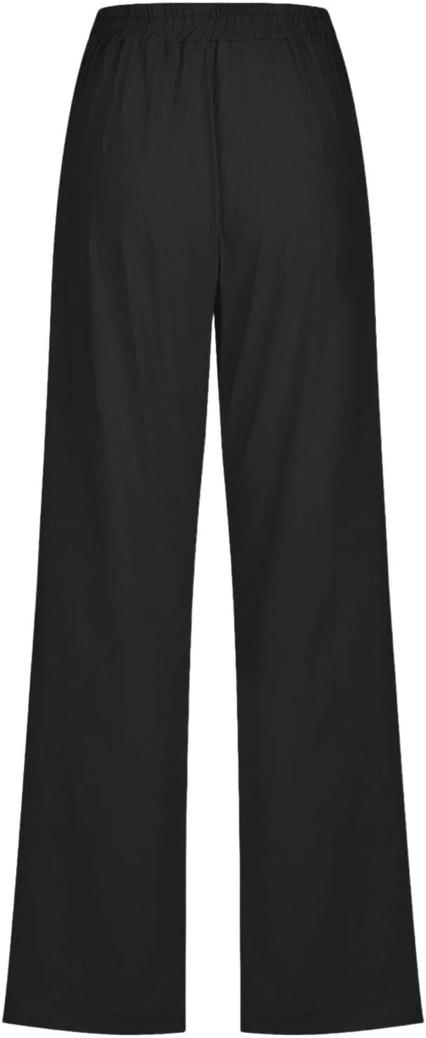 Women Cotton Linen Pants Casual Summer High Waist Drawstring Straight Leg Trousers Relax Fit Lightweight Sport Pants
