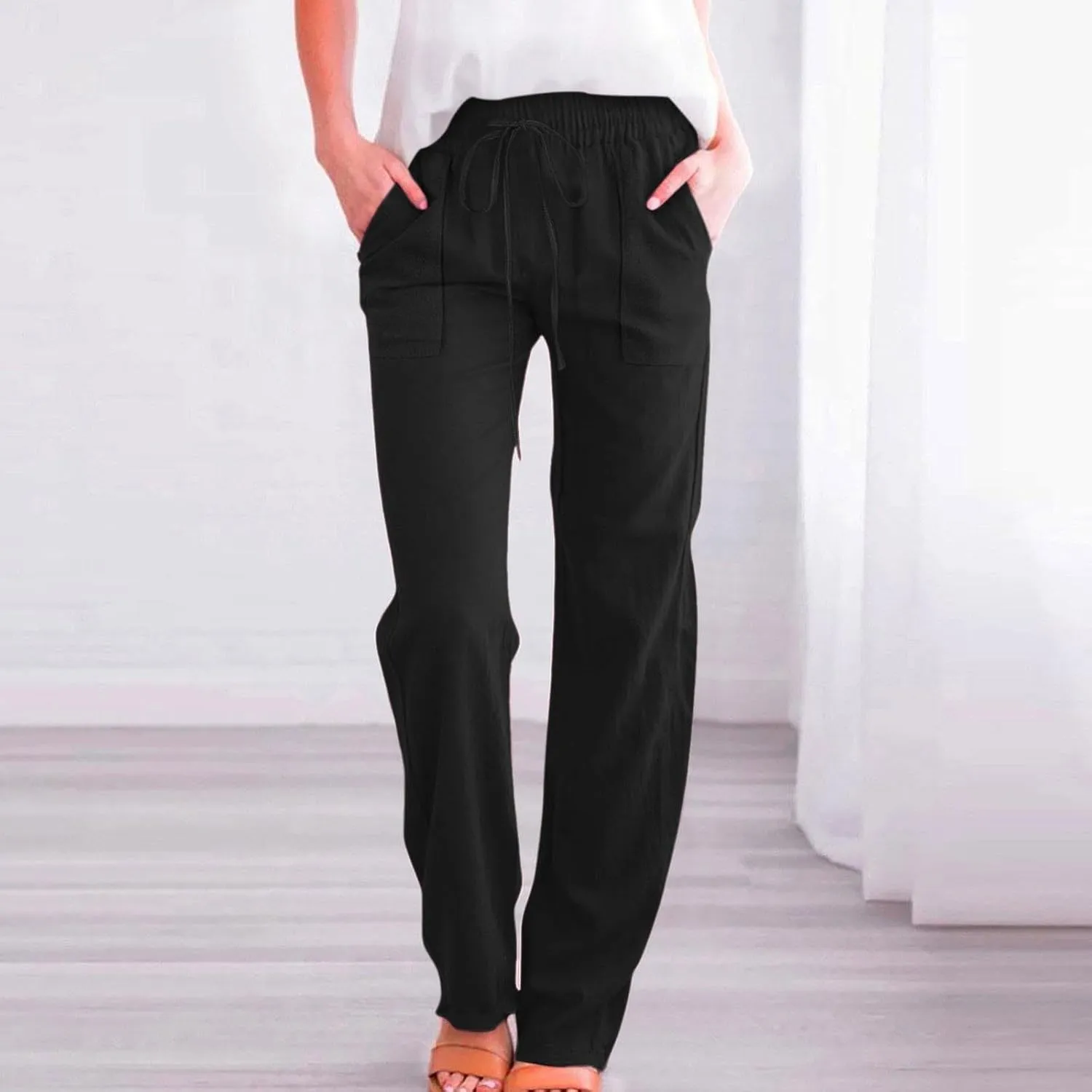 Women Cotton Linen Pants Casual Summer High Waist Drawstring Straight Leg Trousers Relax Fit Lightweight Sport Pants
