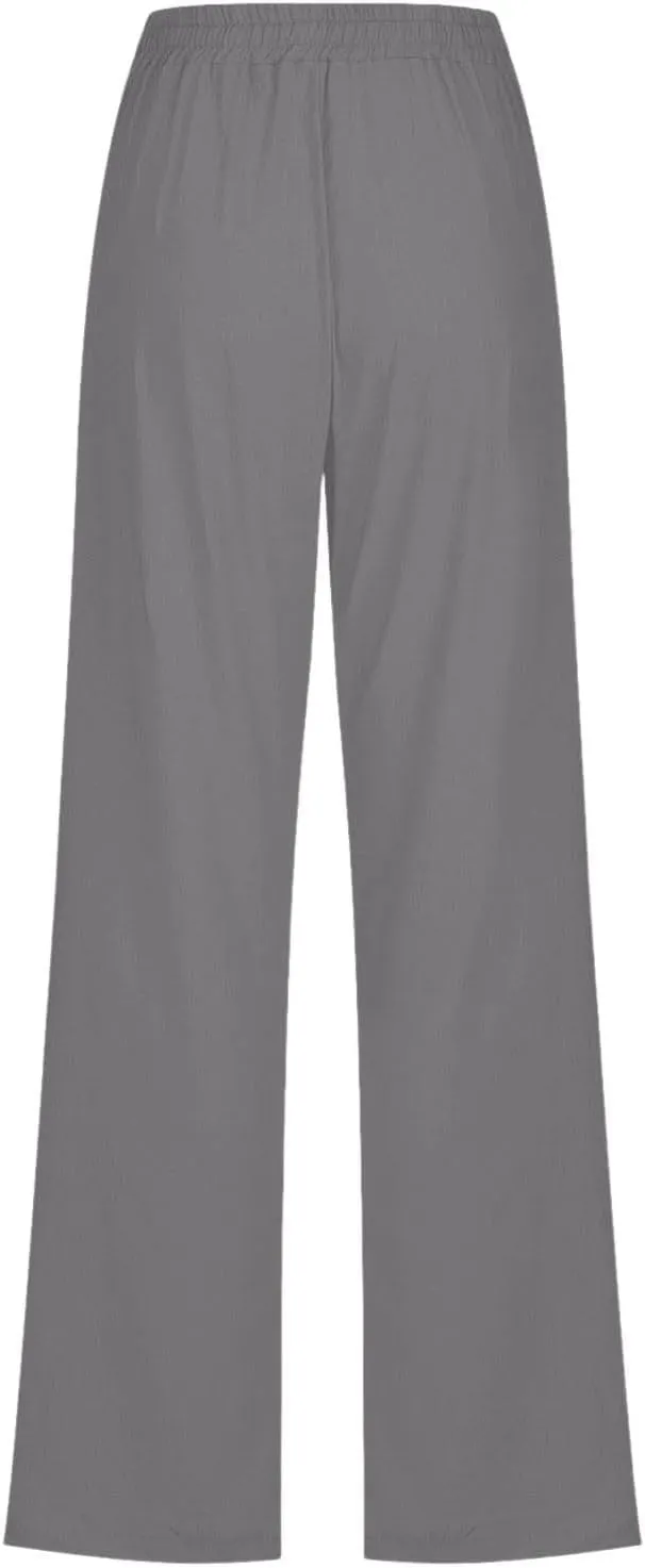 Women Cotton Linen Pants Casual Summer High Waist Drawstring Straight Leg Trousers Relax Fit Lightweight Sport Pants