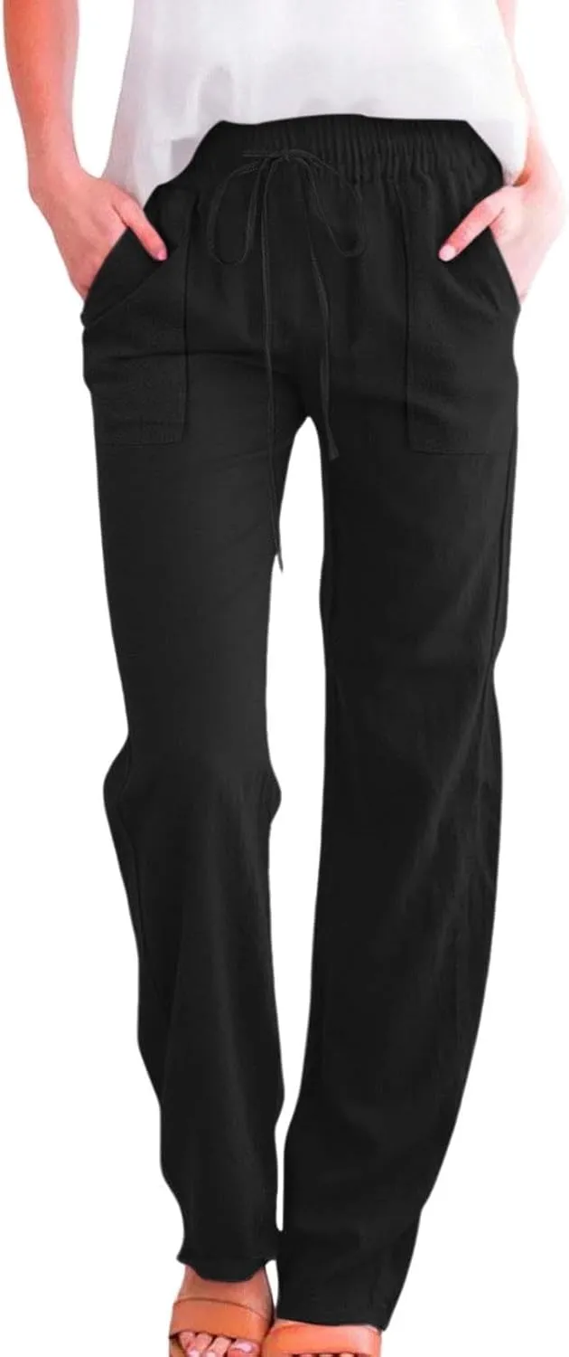 Women Cotton Linen Pants Casual Summer High Waist Drawstring Straight Leg Trousers Relax Fit Lightweight Sport Pants