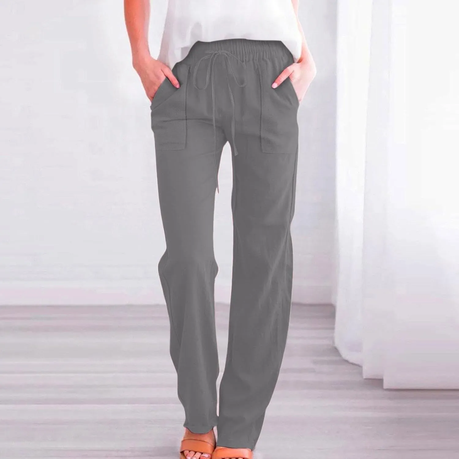 Women Cotton Linen Pants Casual Summer High Waist Drawstring Straight Leg Trousers Relax Fit Lightweight Sport Pants