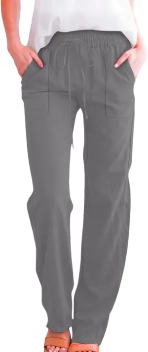 Women Cotton Linen Pants Casual Summer High Waist Drawstring Straight Leg Trousers Relax Fit Lightweight Sport Pants