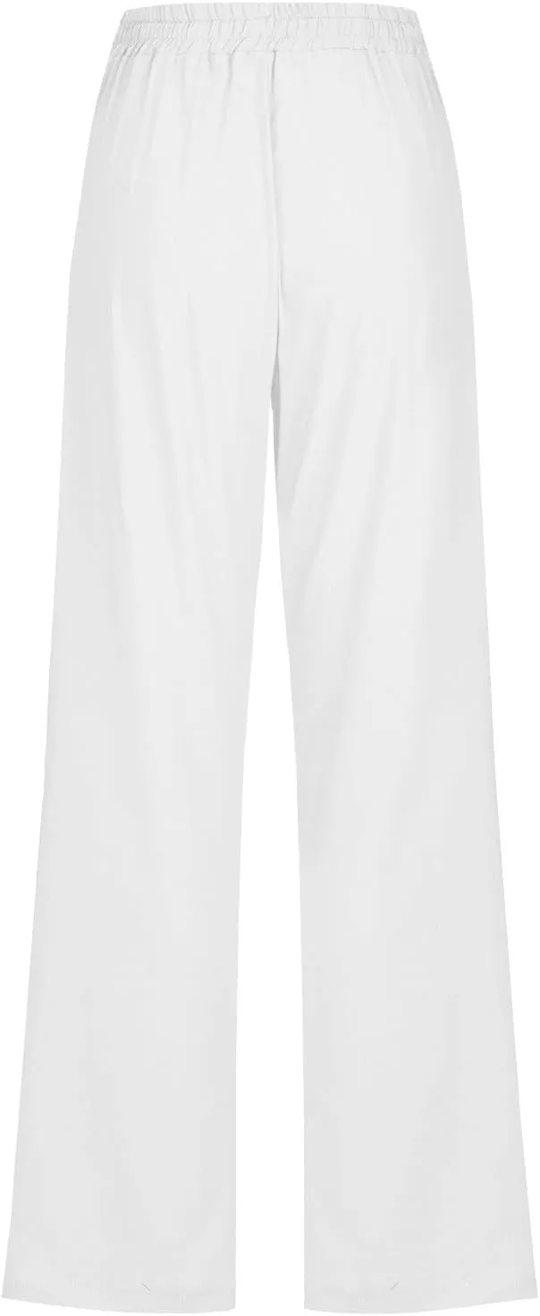 Women Linen Pants Trendy Straight Leg Drawstring Lounge Trousers Casual Relax Fit Elastic Waist Pants with Pockets