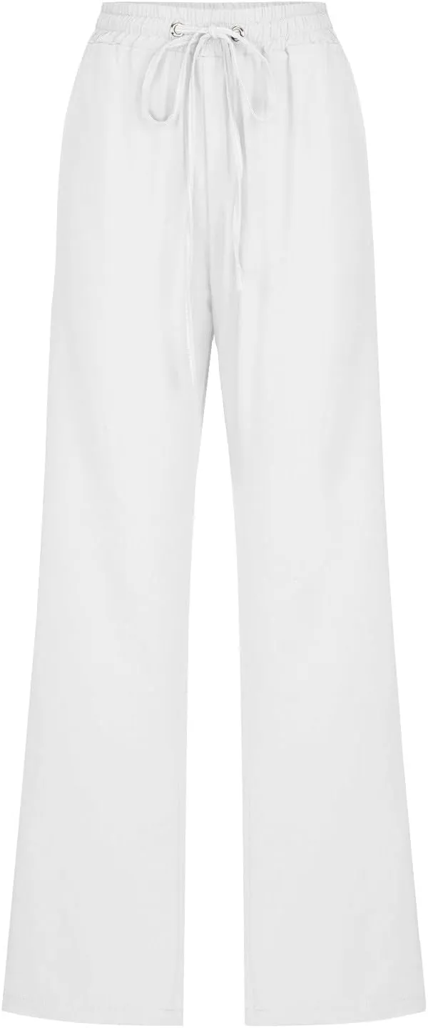 Women Linen Pants Trendy Straight Leg Drawstring Lounge Trousers Casual Relax Fit Elastic Waist Pants with Pockets