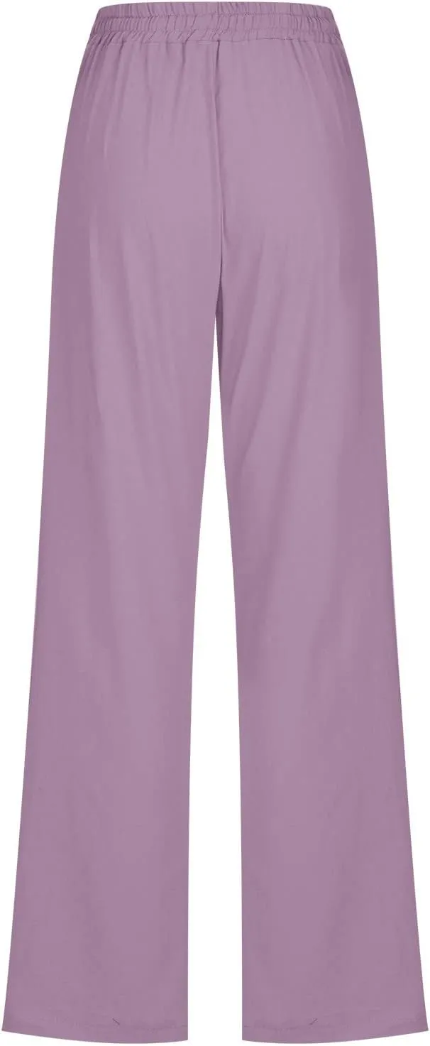 Women Linen Pants Trendy Straight Leg Drawstring Lounge Trousers Casual Relax Fit Elastic Waist Pants with Pockets