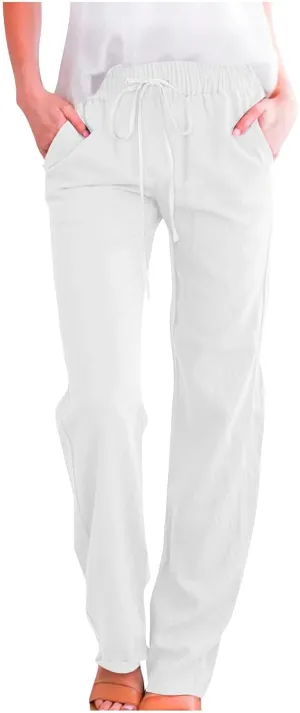 Women Linen Pants Trendy Straight Leg Drawstring Lounge Trousers Casual Relax Fit Elastic Waist Pants with Pockets