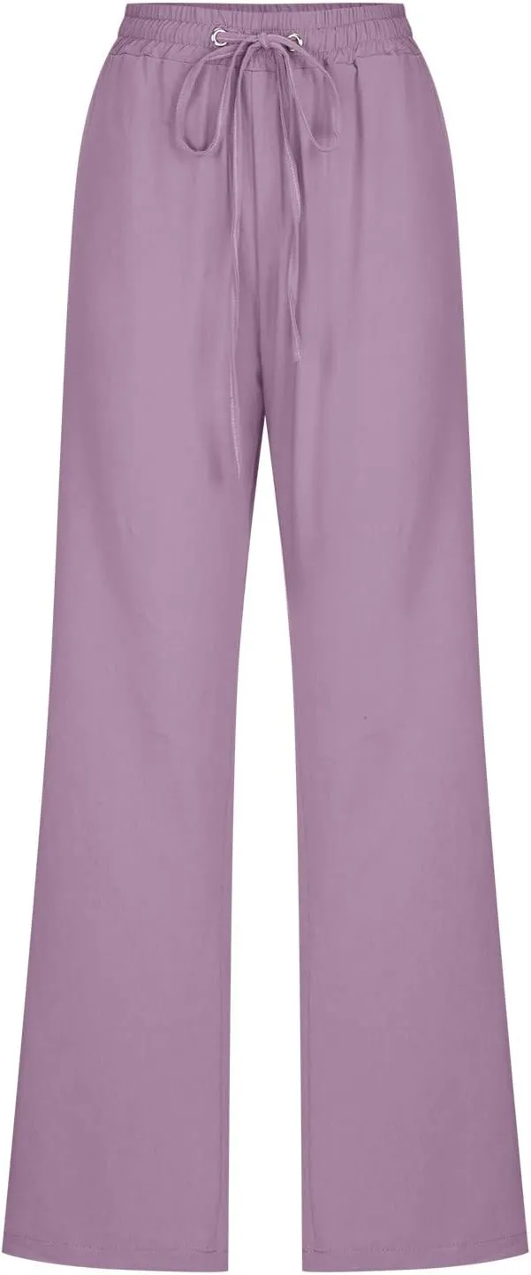 Women Linen Pants Trendy Straight Leg Drawstring Lounge Trousers Casual Relax Fit Elastic Waist Pants with Pockets