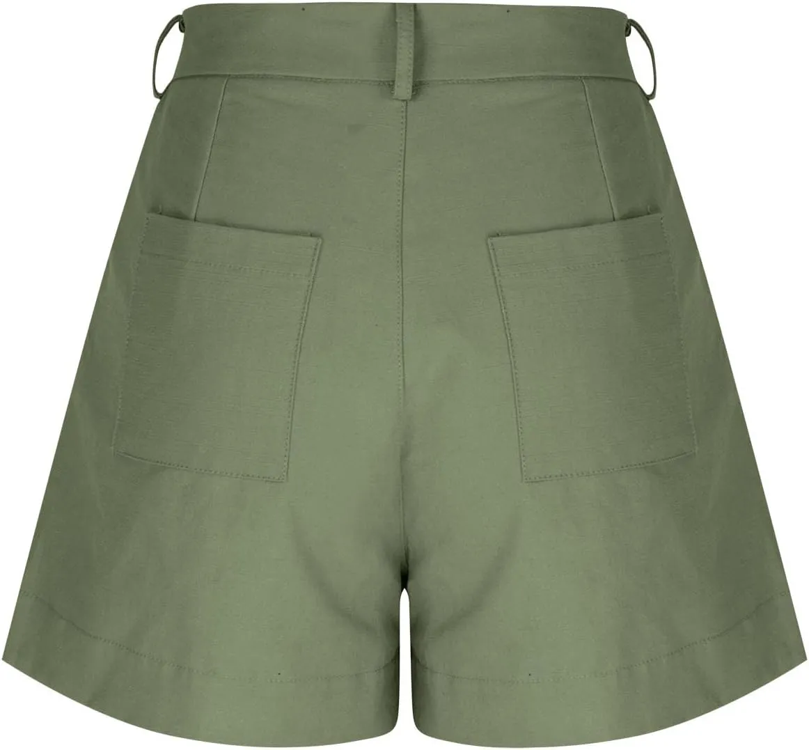 Women Linen Shorts Summer Casual Work Out Shorts High Waisted Bermuda Shorts Dressy Wide Leg Shorts with Pockets