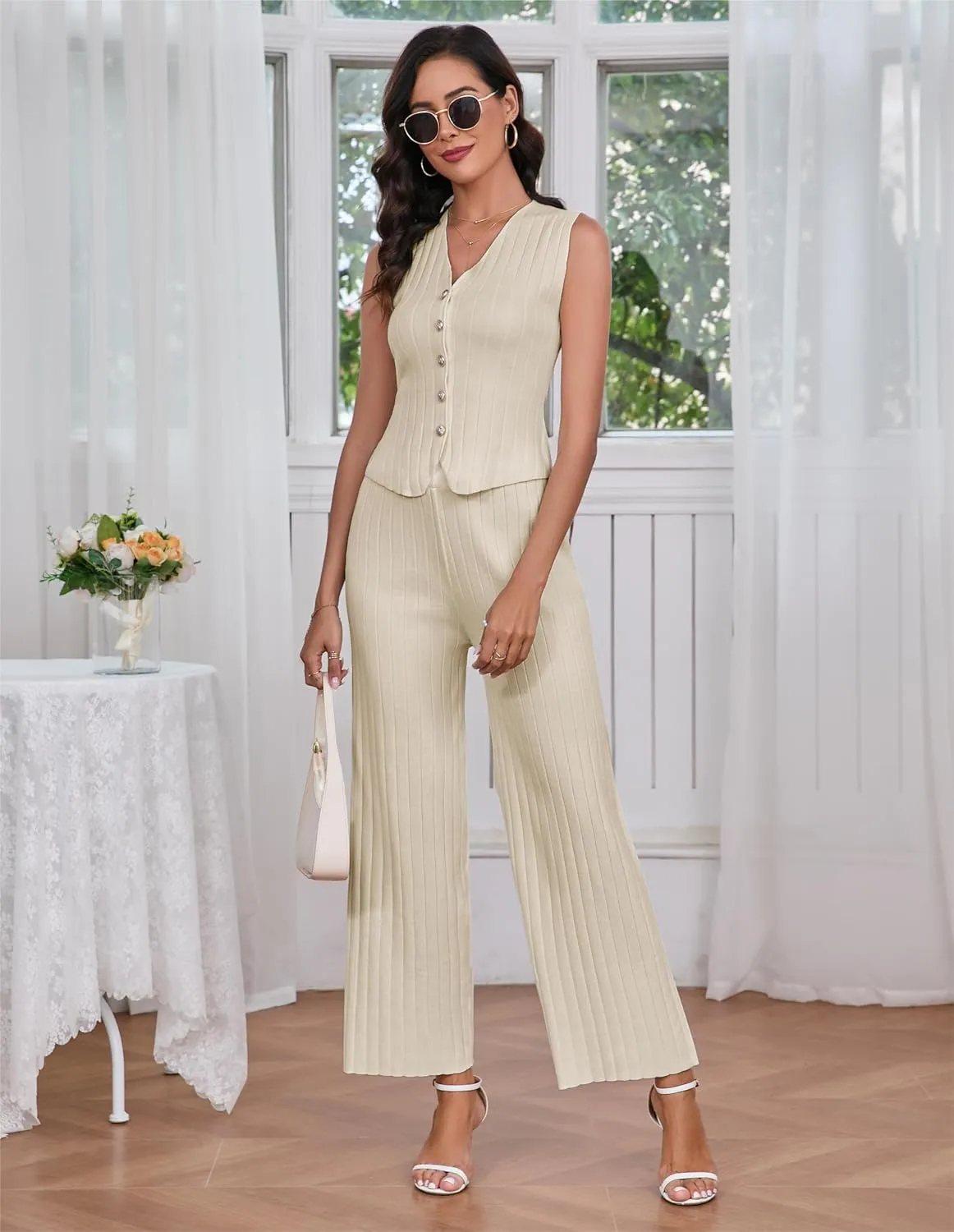 Women Suiting 2 Piece Outfits Knit Set Sleeveless Button Down Vest Wide Leg Pants Lounge Sets