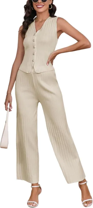 Women Suiting 2 Piece Outfits Knit Set Sleeveless Button Down Vest Wide Leg Pants Lounge Sets