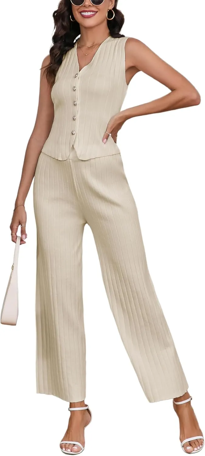 Women Suiting 2 Piece Outfits Knit Set Sleeveless Button Down Vest Wide Leg Pants Lounge Sets