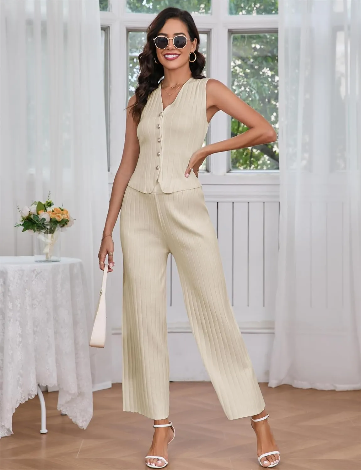 Women Suiting 2 Piece Outfits Knit Set Sleeveless Button Down Vest Wide Leg Pants Lounge Sets