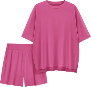 Womens 2 Piece Lounge Sets 2025 Summer Travel Outfits Casual Short Sleeve Oversized Tshirts Tops Biker Shorts