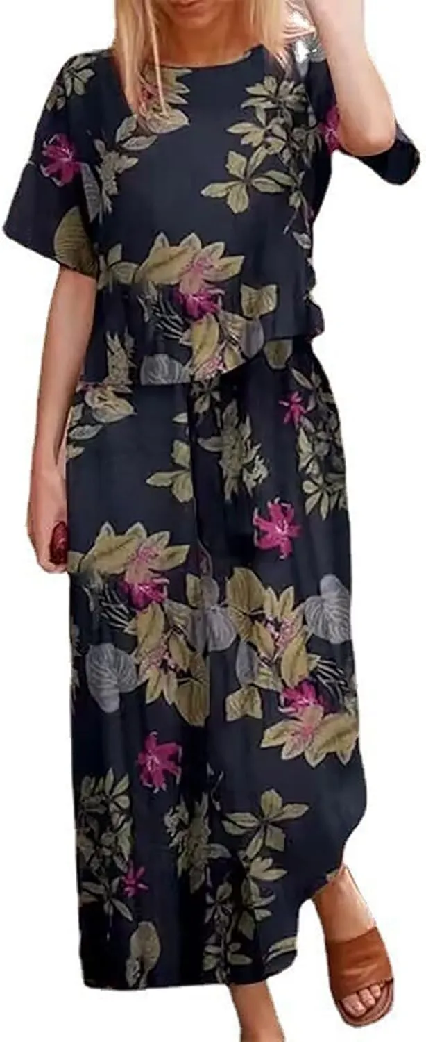 Women's 2 Piece Outfits Linen Short Sleeve Casual Sets Crewneck Tops Wide Leg Pants Summer Plus Size Lounge Suits
