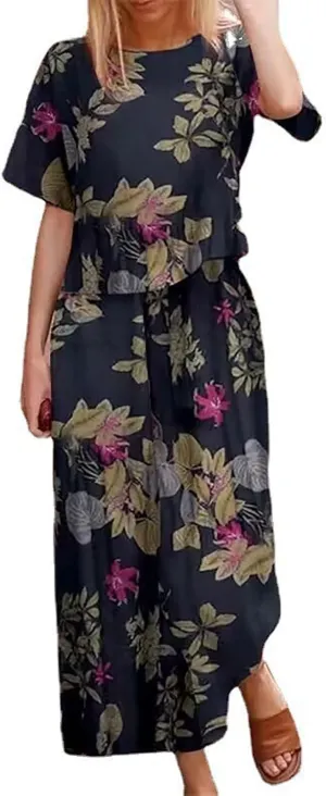 Women's 2 Piece Outfits Linen Short Sleeve Casual Sets Crewneck Tops Wide Leg Pants Summer Plus Size Lounge Suits
