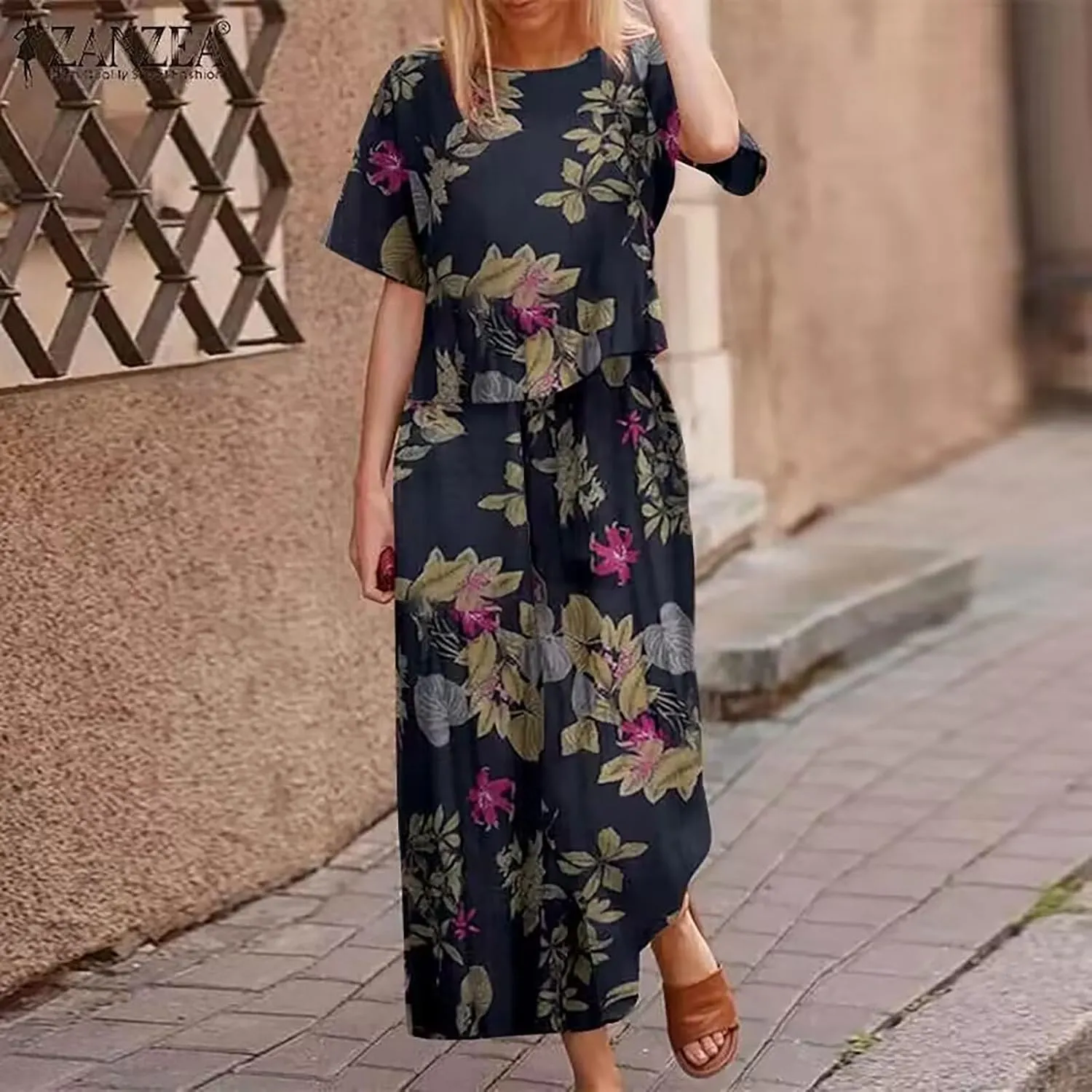 Women's 2 Piece Outfits Linen Short Sleeve Casual Sets Crewneck Tops Wide Leg Pants Summer Plus Size Lounge Suits