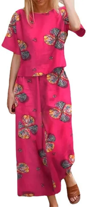 Women's 2 Piece Outfits Linen Short Sleeve Casual Sets Crewneck Tops Wide Leg Pants Summer Plus Size Lounge Suits