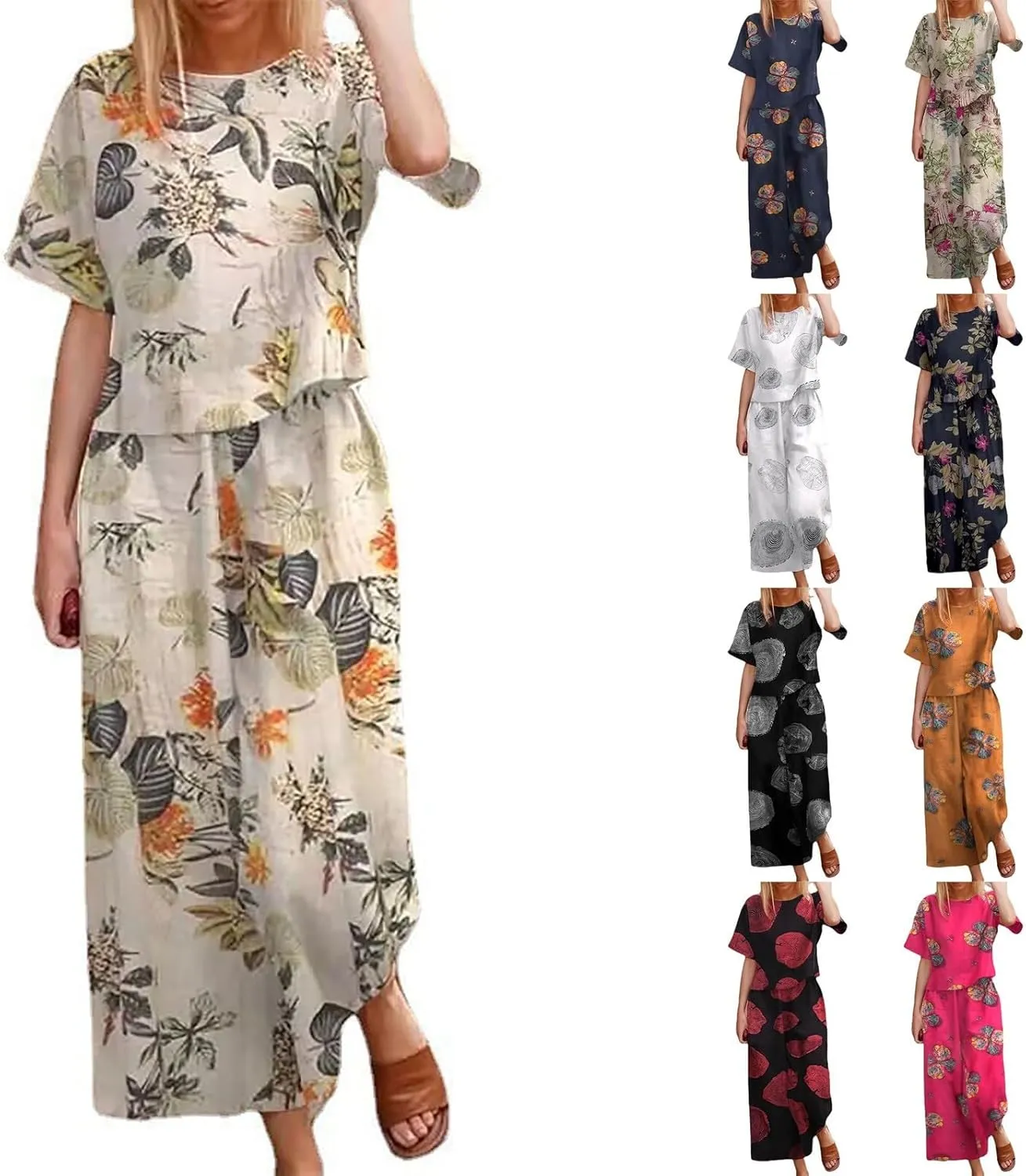 Women's 2 Piece Outfits Linen Short Sleeve Casual Sets Crewneck Tops Wide Leg Pants Summer Plus Size Lounge Suits