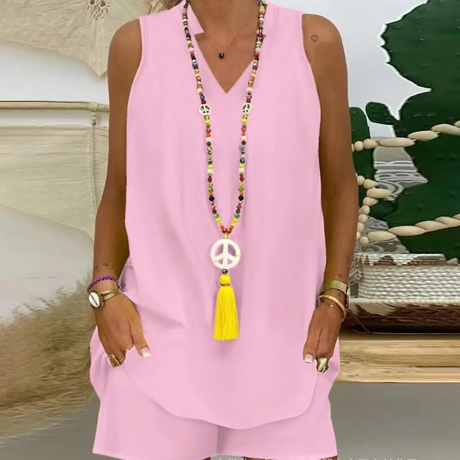 Women's 2025 Summer 2 Piece Lounge Sets V Neck Long Tank Tops High Waisted Shorts Loose Fit Matching Outfits Vacation