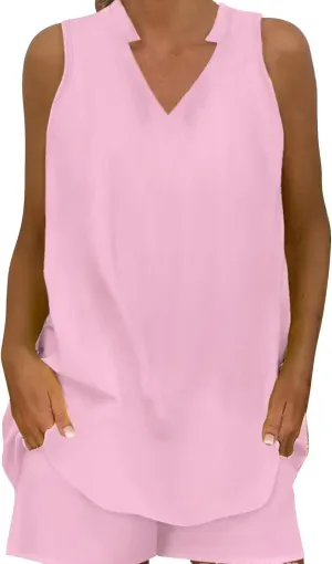 Women's 2025 Summer 2 Piece Lounge Sets V Neck Long Tank Tops High Waisted Shorts Loose Fit Matching Outfits Vacation