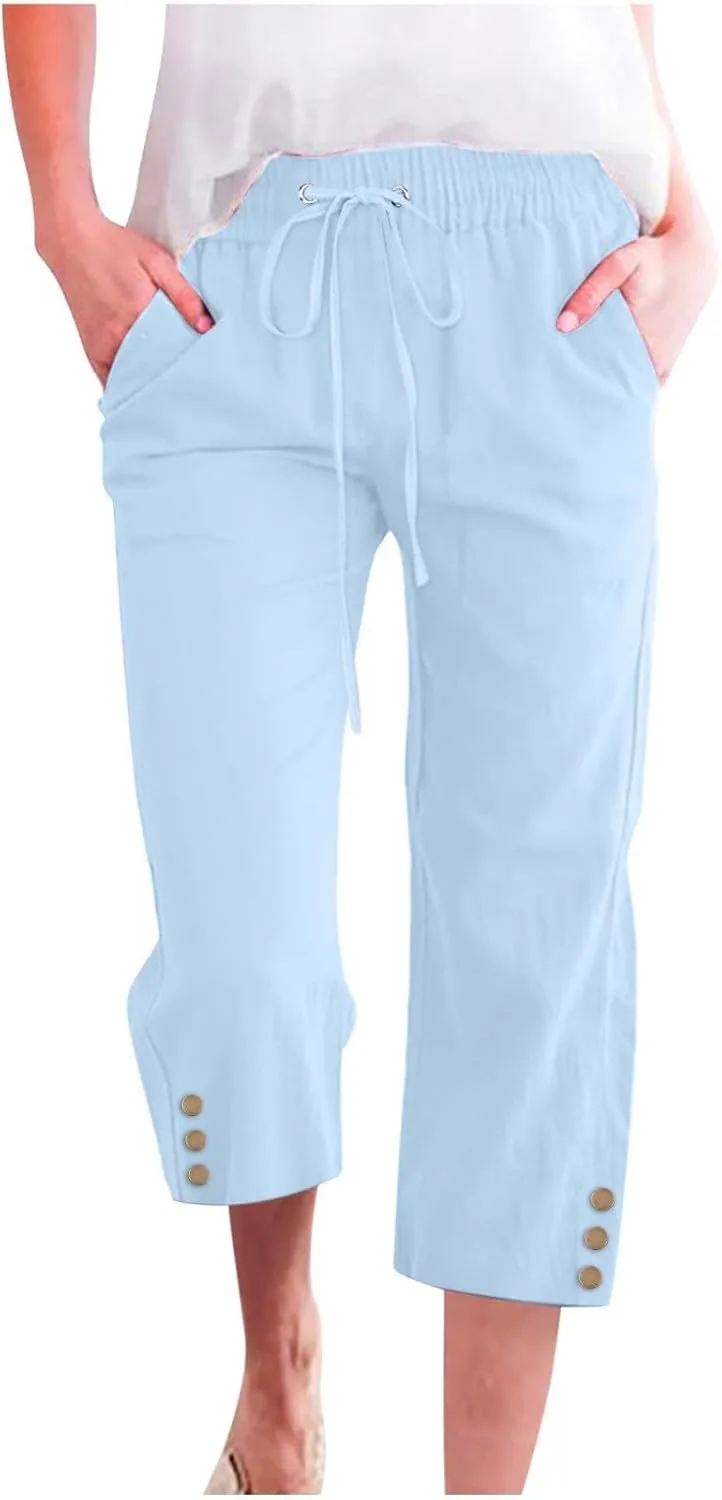 Womens Capris Pants High Waist Drawstring Comfy Casual Pants Lightweight Loose Trousers Buttons Trim with Pockets