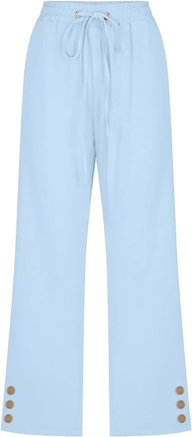 Womens Capris Pants High Waist Drawstring Comfy Casual Pants Lightweight Loose Trousers Buttons Trim with Pockets