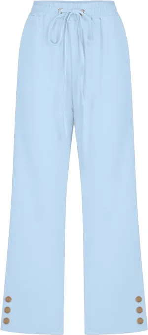 Womens Capris Pants High Waist Drawstring Comfy Casual Pants Lightweight Loose Trousers Buttons Trim with Pockets