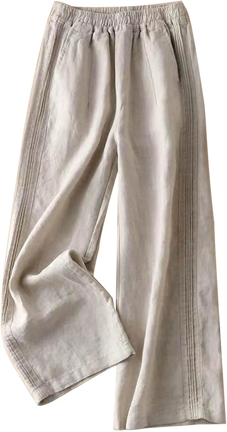 Women's Casual Cotton Linen Pants Lightweight Elastic Waist Long Pants Relax Fit Straight Leg Lounge Trousers Pocket