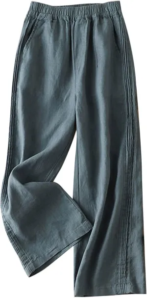 Women's Casual Cotton Linen Pants Lightweight Elastic Waist Long Pants Relax Fit Straight Leg Lounge Trousers Pocket