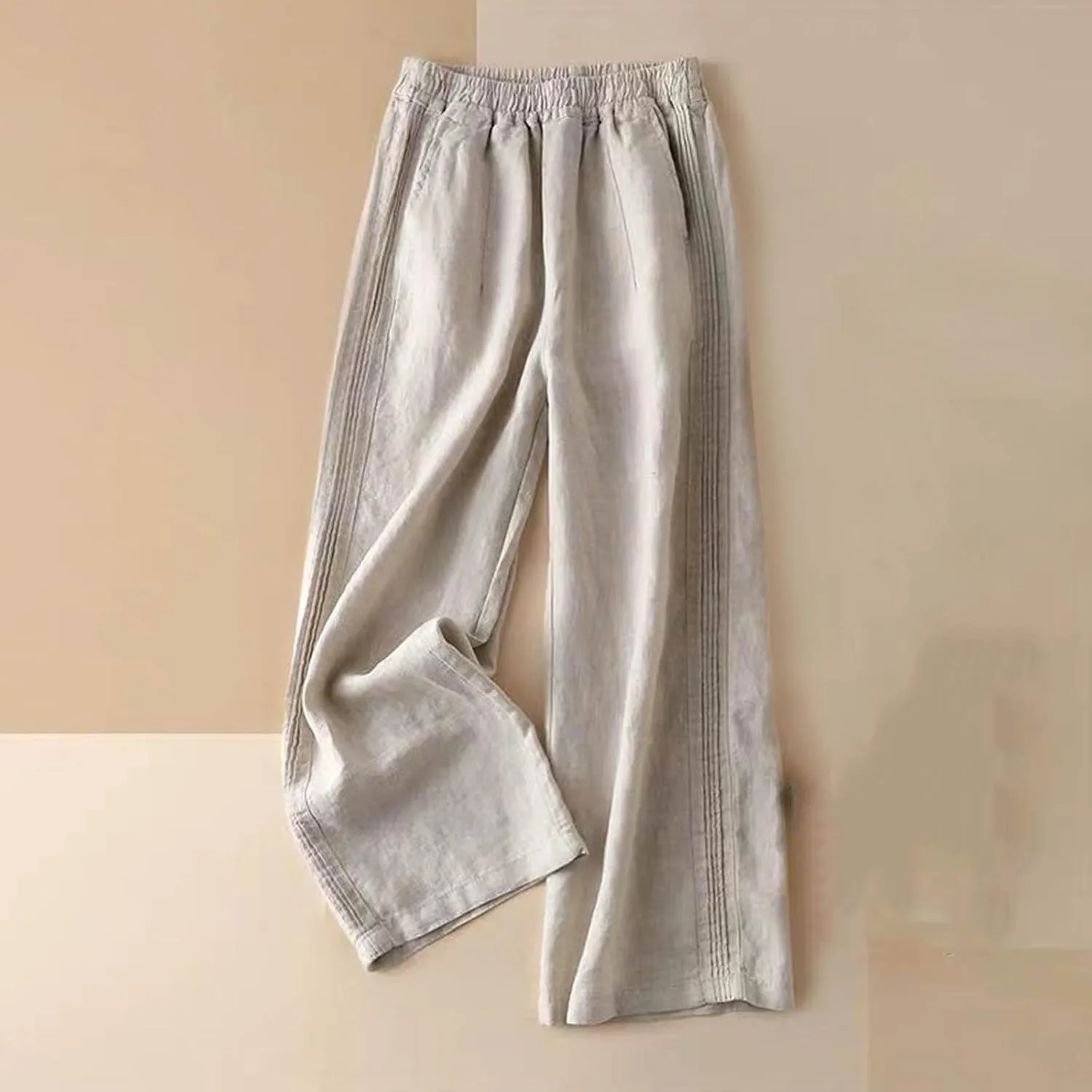 Women's Casual Cotton Linen Pants Lightweight Elastic Waist Long Pants Relax Fit Straight Leg Lounge Trousers Pocket
