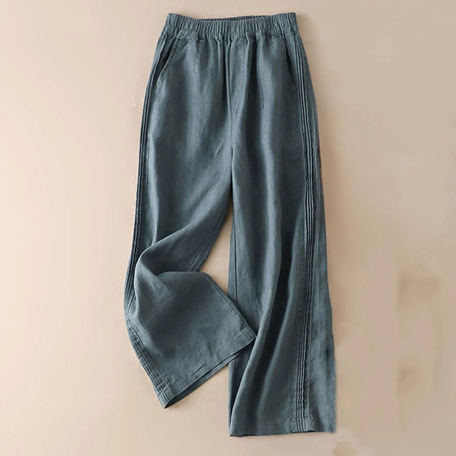 Women's Casual Cotton Linen Pants Lightweight Elastic Waist Long Pants Relax Fit Straight Leg Lounge Trousers Pocket
