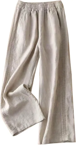 Women's Casual Cotton Linen Pants Lightweight Elastic Waist Long Pants Relax Fit Straight Leg Lounge Trousers Pocket
