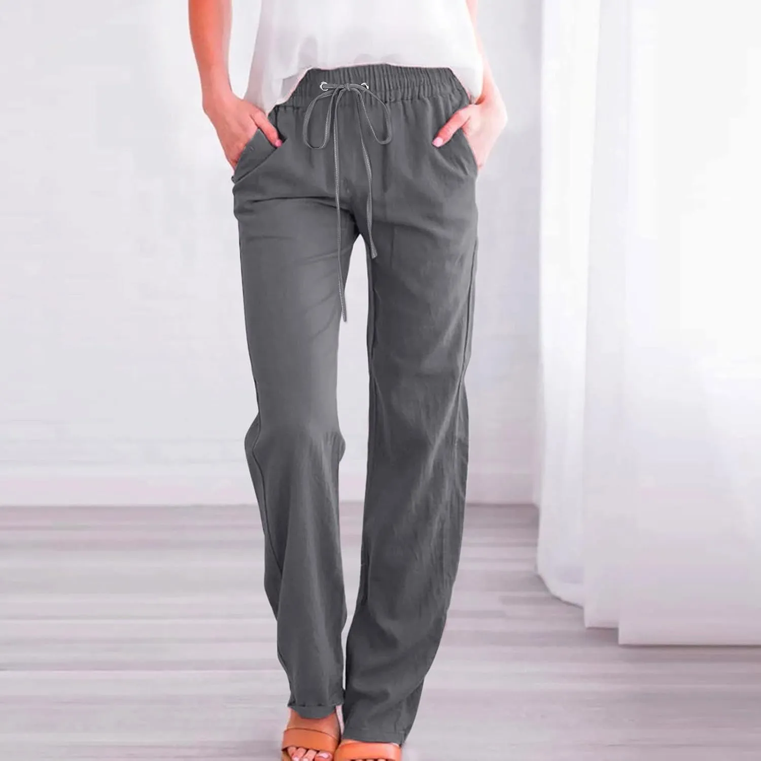 Womens Casual Cotton Linen Pants Lightweight Summer Relax Fit Elastic Waist Plus Size Solid Lounge Long Trousers