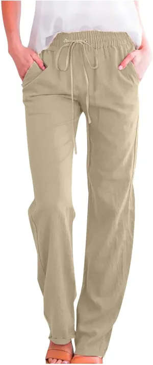 Womens Casual Cotton Linen Pants Lightweight Summer Relax Fit Elastic Waist Plus Size Solid Lounge Long Trousers