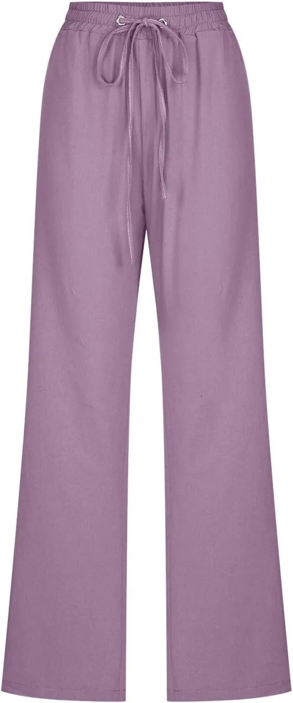 Womens Casual Cotton Linen Pants Lightweight Summer Relax Fit Elastic Waist Plus Size Solid Lounge Long Trousers
