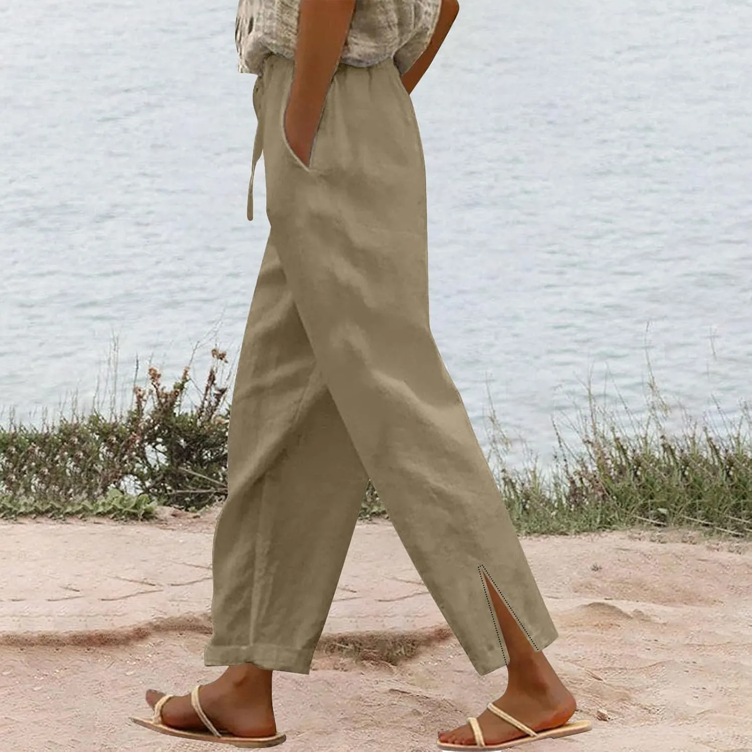 Womens Casual Cotton Linen Pants Lightweight Summer Relax Fit Elastic Waist Plus Size Solid Lounge Long Trousers