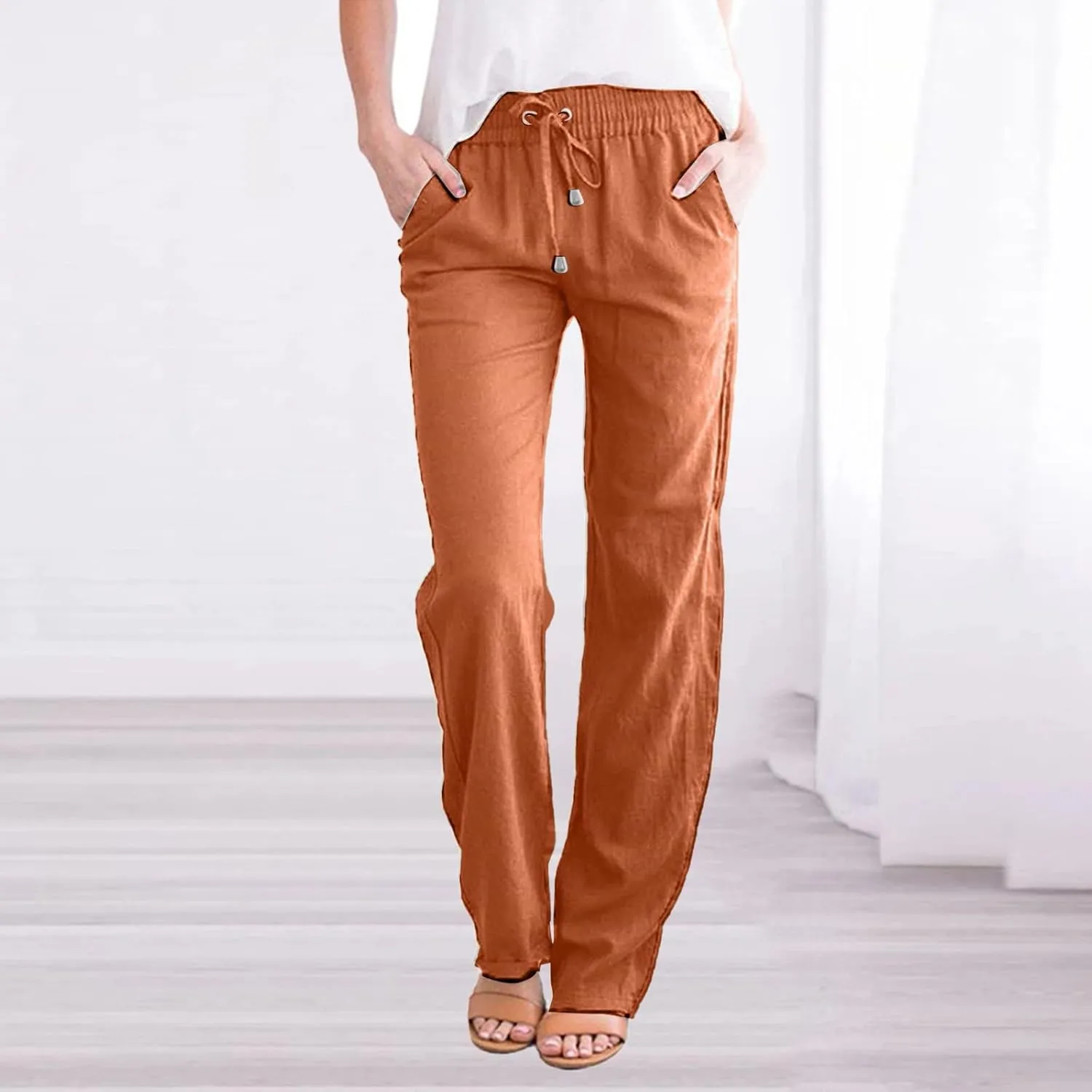 Womens Casual Cotton Linen Pants Lightweight Summer Relax Fit Elastic Waist Plus Size Solid Lounge Long Trousers