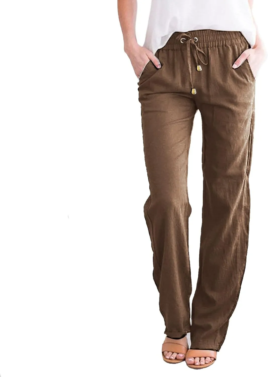 Womens Casual Cotton Linen Pants Lightweight Summer Relax Fit Elastic Waist Plus Size Solid Lounge Long Trousers