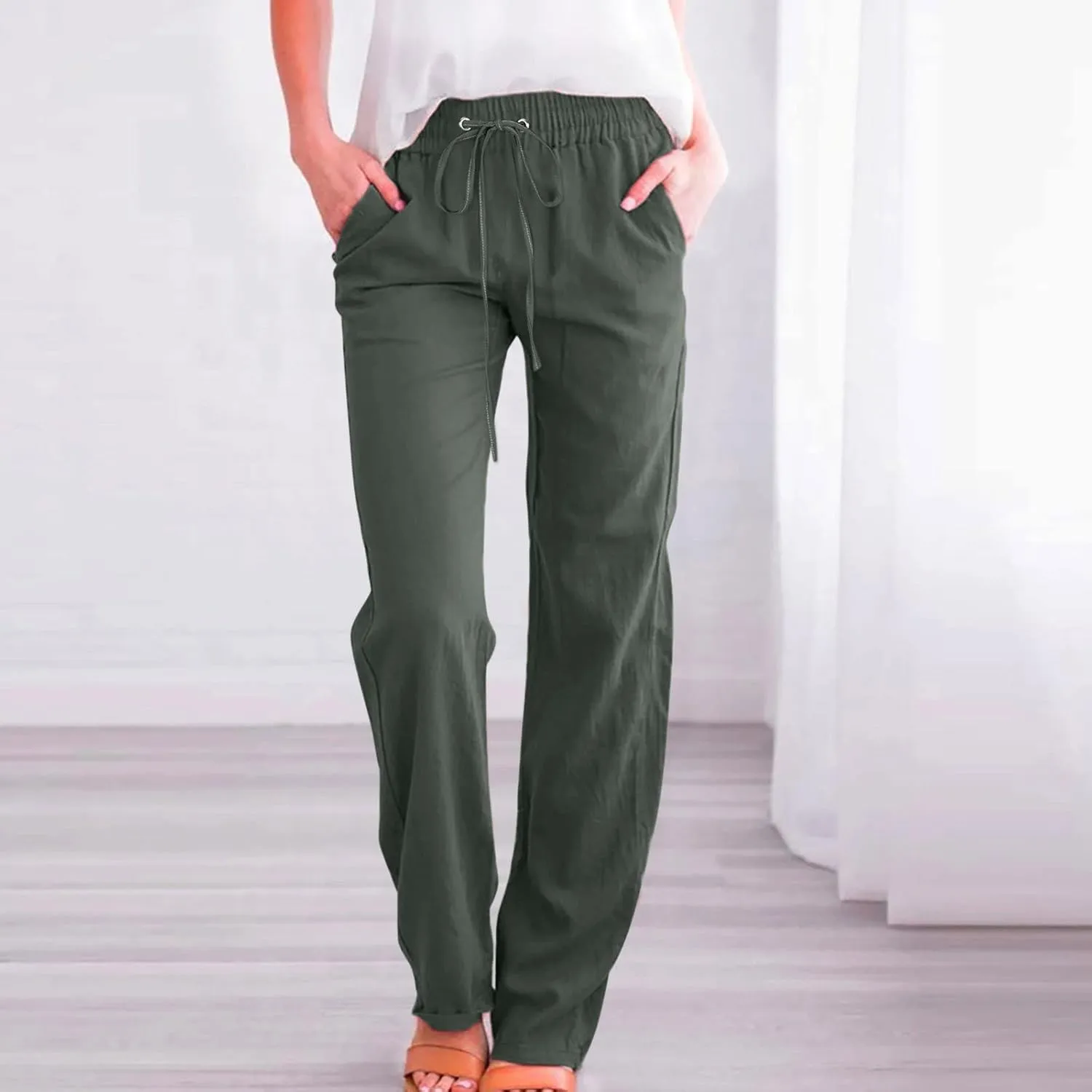 Womens Casual Cotton Linen Pants Lightweight Summer Relax Fit Elastic Waist Plus Size Solid Lounge Long Trousers