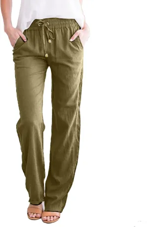 Womens Casual Cotton Linen Pants Lightweight Summer Relax Fit Elastic Waist Plus Size Solid Lounge Long Trousers