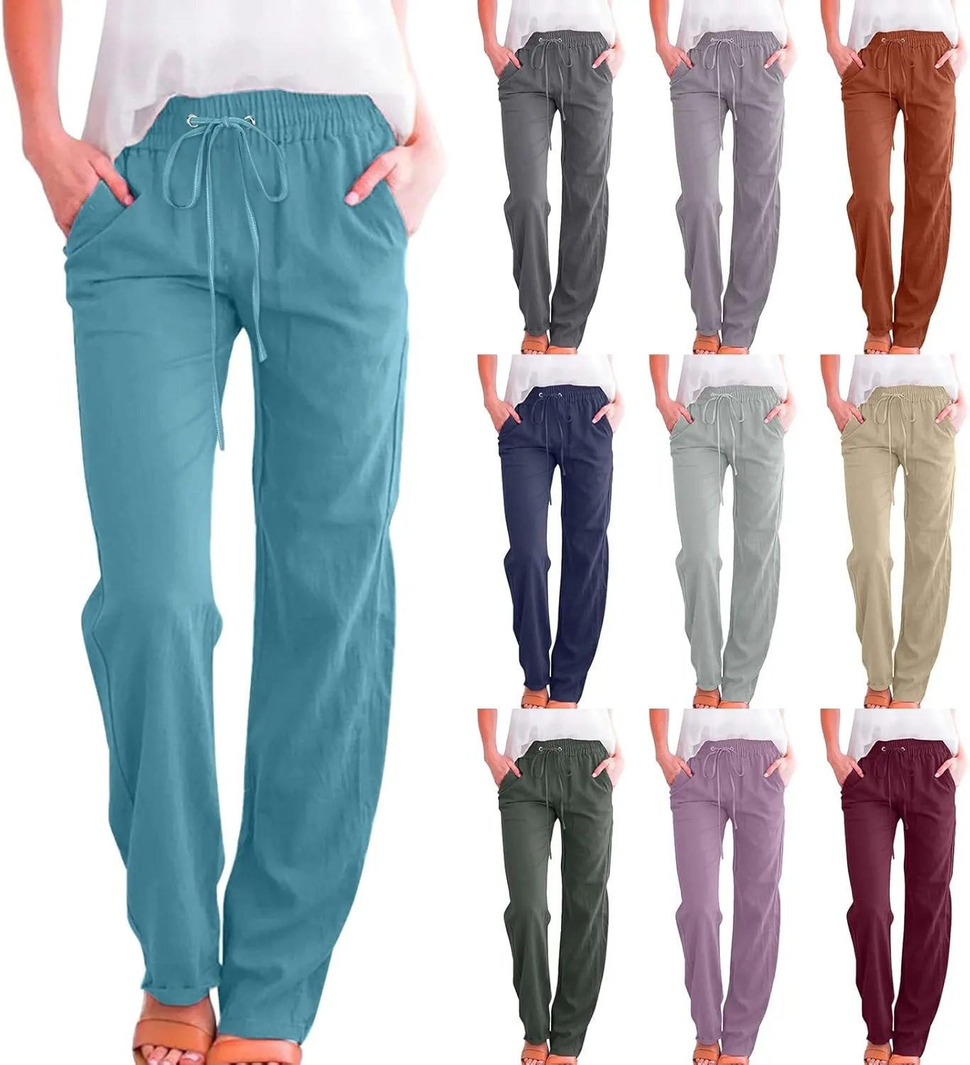 Womens Casual Cotton Linen Pants Lightweight Summer Relax Fit Elastic Waist Plus Size Solid Lounge Long Trousers