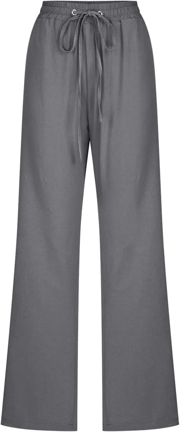 Womens Casual Cotton Linen Pants Lightweight Summer Relax Fit Elastic Waist Plus Size Solid Lounge Long Trousers